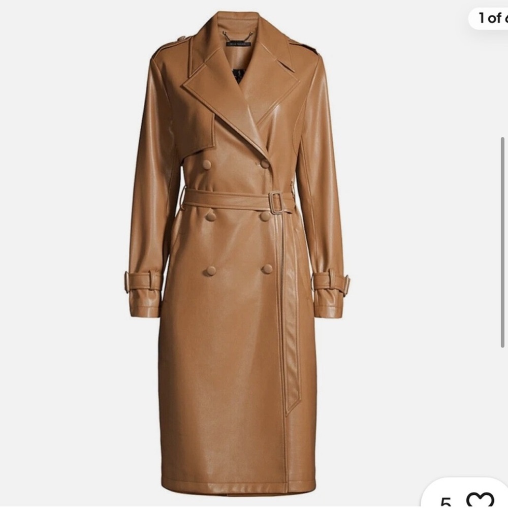 Women's Double-Breasted Vegan Leather Trench Coat - Tan